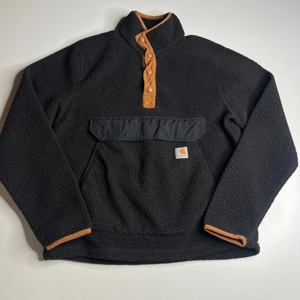 Carhartt Relaxed Fit Sherpa Fleece Pullover Jacket Black Brown Trim Men’s Size S